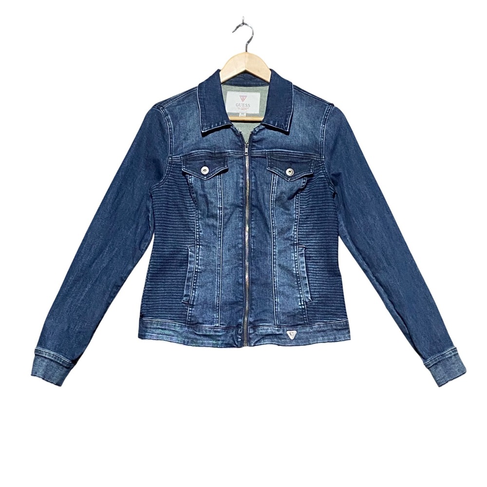 Guess Women's Blue Moto Denim Jacket Medium‎ Zip Front Ribbed Panels S61N06D0JY1